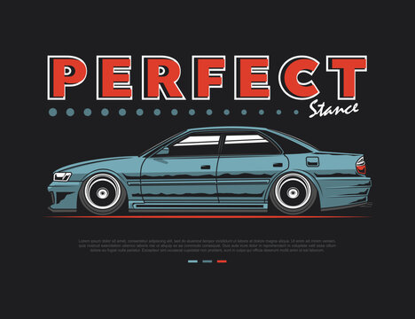 90s car vehicle in side appearance vector illustation with blue tone and perfect text design grahic