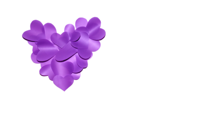 Purple hearts made of paper, isolated, top view. Valentine's day concept. Copy space for text. Birthday, mothers day, 8 march, 14 february greeting card design.
