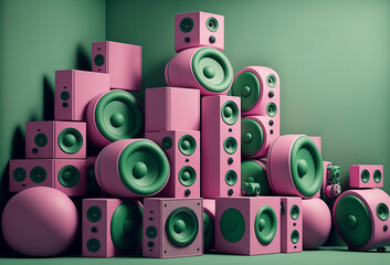 A large stack of colourful green and pink music audio speakers. Generative ai