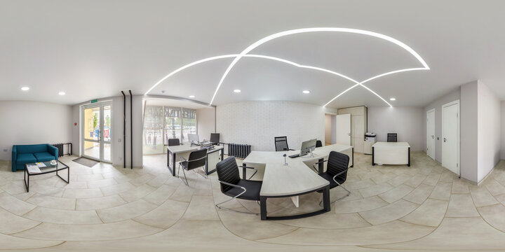 full spherical hdri 360 panorama in interior of empty office  with panoramic windows in equirectangular projection