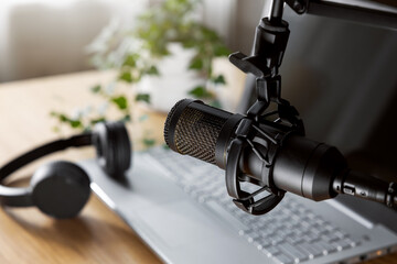 home studio for podcast recording, radio broadcasting. workplace of content creator. microphone...