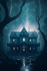 Ancient gothic style house in a clearing in the middle of the woods during a lightning storm - AI generative technology