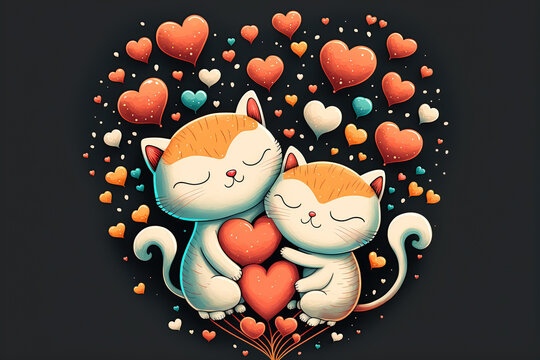 Cat love. Cat couple hugging, cudling and kissing. Valentines day card. Valentines poster. ai generated. Love background