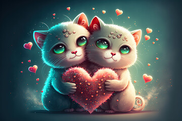 Cat love. Cat couple hugging, cudling and kissing. Valentines day card. Valentines poster. ai generated. Love background
