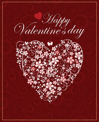 Happy Valentine's day poster, 3d red pink heart, floral heart and the red background. Vector illustration. Gift card, love party, Valentin sale flyer design.