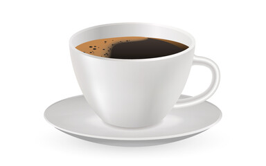 3d realistic espresso coffee in white cup. Realistic vector illustration. Decorative design for cafeteria, posters, banners, postcards. Template ceramic clean white mug with coffee. Breakfast drink.