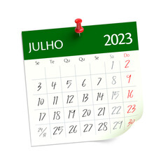 July Calendar 2023 in Portuguese Language. Isolated on White Background. 3D Illustration