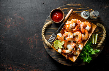Fried shrimps on tray with herbs, sauce and spices.