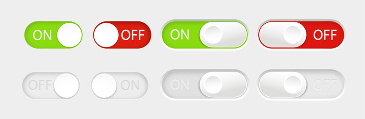 On and Off toggle switch buttons. Material design switch buttons set. Vector