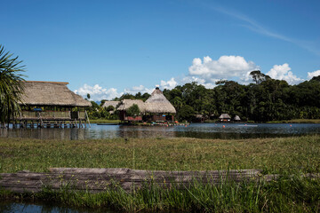 Picturesque and exotic lagoon with clean water El Milagro, loggon milagros with wooden house and thatched roof stilt houses Amazon jungle Tingo Maria Peru-Oct 2020 © Luis