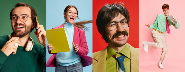 Photo set made of portraits of happy young diverse people, men and women over multicolored...