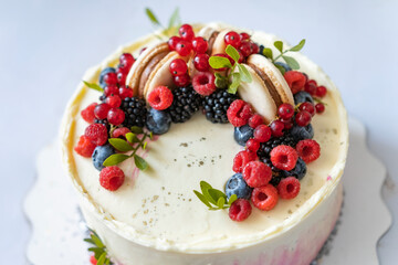 Top view on summer cake decorated with fresh berries and macaroons cake. Fashionable dessert from confectioner. Close-up