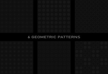 A set of 6 geometric seamless patterns made in the same style. Dark background, dark gray lines, geometric shapes and minimalism.	