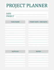 Project Planner Template. A concise design for a business notepad page. Business organizer. Project schedule. Letter format. Vector illustration