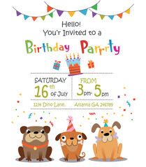 Background with funny cartoon dogs for birthday card or party invitation. Vector illustration