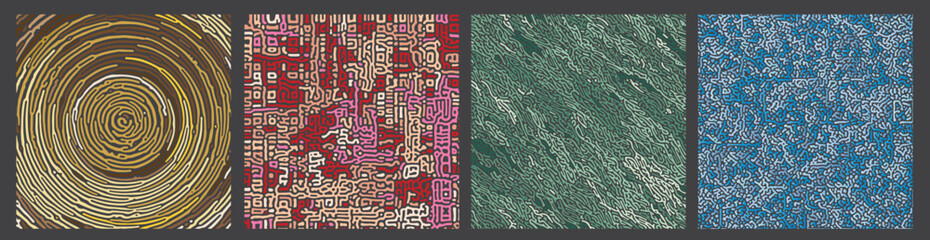 Abstract reaction biology diffusion turing pattern in 4 variant styles and colours. Vector illustration.  