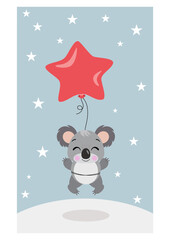 Cute koala flying with star balloon in winter greeting card