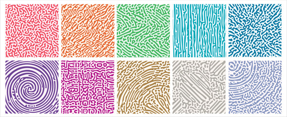 Reaction biology diffusion turing abstract pattern in 10 variant colours and styles. Vector illustration.  