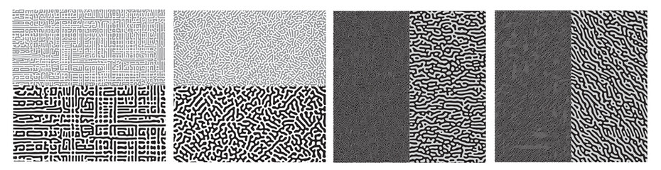 Reaction biology diffusion turing abstract pattern 4 variant styles and size grey tone colours. Vector illustration.  