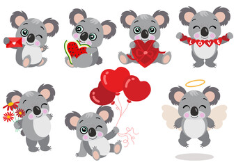 Set of loving valentine koalas