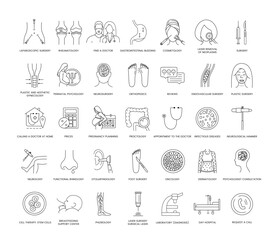 Types of medical services in the hospital set of line icons in vector, illustration rheumatology and laparoscopic surgery, find a doctor and gastrointestinal bleeding, cosmetology and neurosurgery.