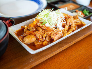Stir fried pork with Kimchi japan korea thai fusion food