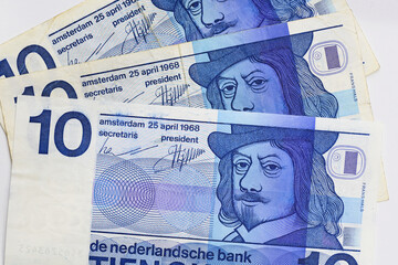 Den Helder, Netherlands. January 2023. An old Dutch banknote of 10 Guilders.