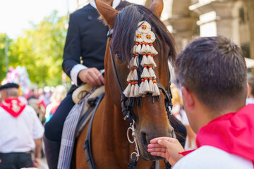 Festayre caresse un cheval de corrida aux Fêtes de Bayonne