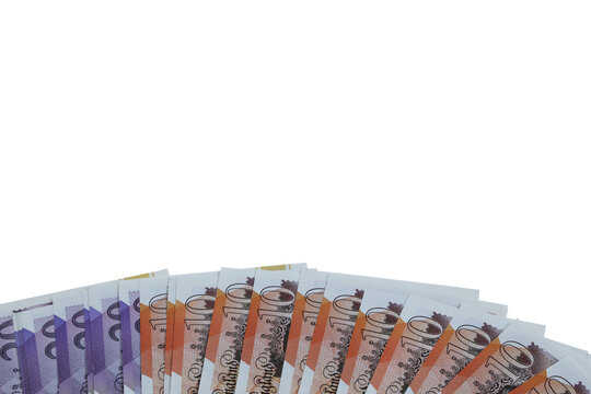 A spread of ten and twenty pound notes sterling transparent png .