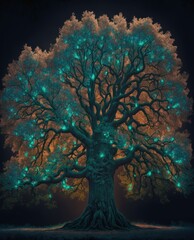 Fantasy oak tree at dark background. Generative ai.