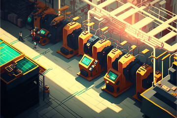bustling manufacturing facility, with conveyor belts winding through the interior and producing goods with precision factory utilizes advanced technology generative ai