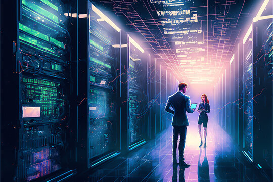 Business people in a data centre are collaborating to leverage their expertise and resources, utilizing cutting-edge technology to drive success. generative ai