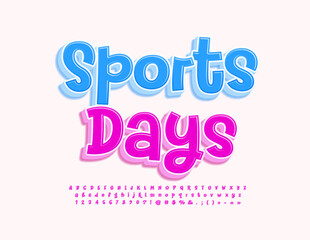 Vector playful Emblem Sports Days. Bright Pink 3D Alphabet Letters and Numbers. Creative handwritten Font