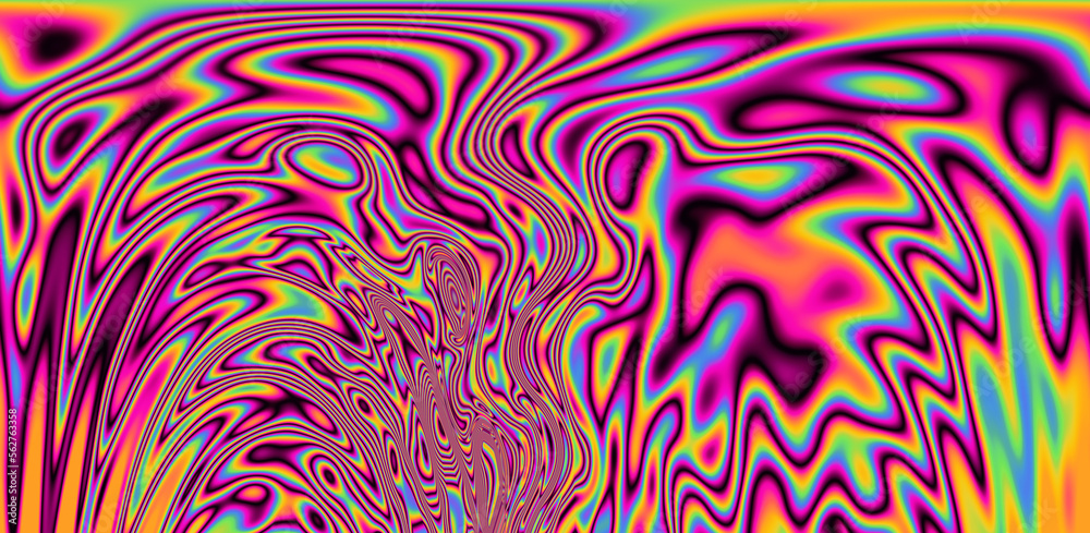 Poster abstract 70s hippie-style psychedelic background with neon iridescent streaks and stains.