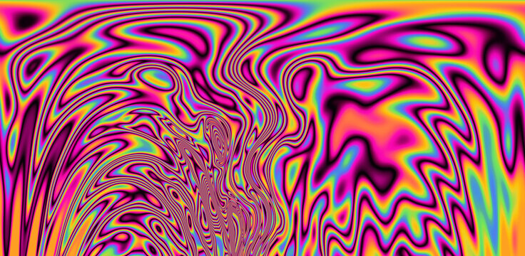 Abstract 70s hippie-style psychedelic background with neon iridescent streaks and stains.
