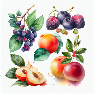 Watercolor drawing of Fruit set collection. Generative AI