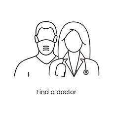 Doctor man and woman line icon in vector, medical staff illustration, masked man, woman and stethoscope.