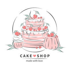 Cake shop. Logo for confectionery or bakery. Сake, cupcake and berries. Vector illustration for menu, recipe book, baking shop, cafe.