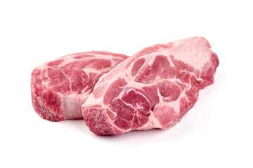 Raw pork shoulder steaks, isolated on white background. High resolution image.