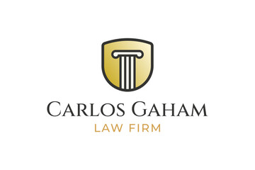 Stylized Shield and pillars logo, representing the protection and the solid foundation by the law.