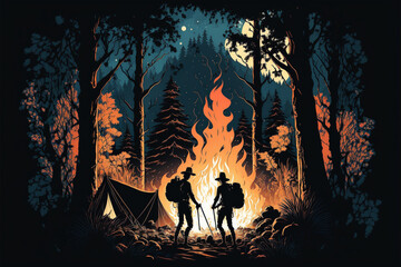 illustration of a camp with two people at night with a big campfire. Generative AI