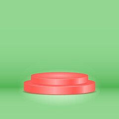 red cylinder podium on green background. 3d, simple, modern, minimal and elegant concept. used for pedestal, product display and stage showcase