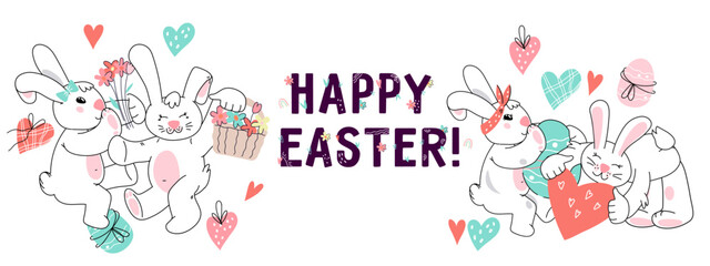 Easter banner or flyer background with cute funny bunny or rabbit characters. Easter cards and holiday invitations backdrop layout, doodle kawaii style vector illustration isolated on white.