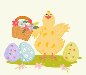 Easter chick with colored eggs, flat cartoon vector illustration isolated on white background. Spring Easter holiday design element.