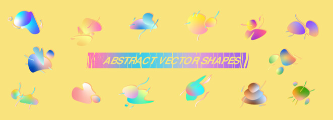 Gradient abstract shapes set. Creative geometric pattern elements. Modern acid curved funky forms. Vector isolated banner design.