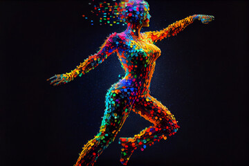 Naklejka na ściany i meble A fictional person. Silhouette of a Beautiful Woman in Full Body Dynamic Pose Disintegrating into Colorful Glowing Micro Voxels - A Fusion of Dance, Sport, and Vector Art. Generative Ai