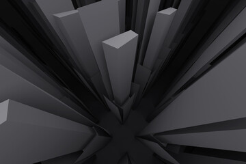 3d rendering abstract background of dark gray arranged geometric forms of tall structures. Wide angle view. City downtown abstract model