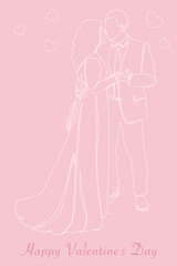 Postcard Happy Valentine's Day. Continuous line drawing of couples who love each other hold hands. Vector illustration