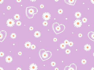 Seamless pattern with daisy flower, dots and hearts on purple background vector illustration.