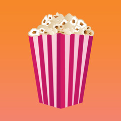 Popcorn. A flat-style movie theater icon. A light snack. A large red and white striped box. Vector illustration.